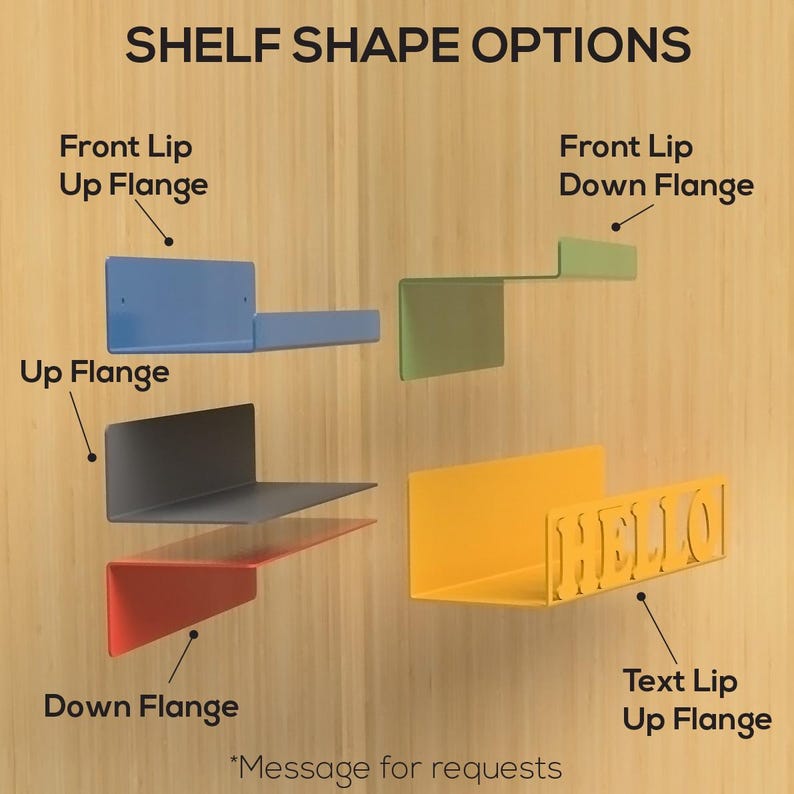 May include: Image showcasing shelf shape options. Includes blue, green, gray, red, and yellow shelves. The yellow shelf has the word "HELLO" cut out. Text on the image reads "Shelf Shape Options" and "Message for requests."