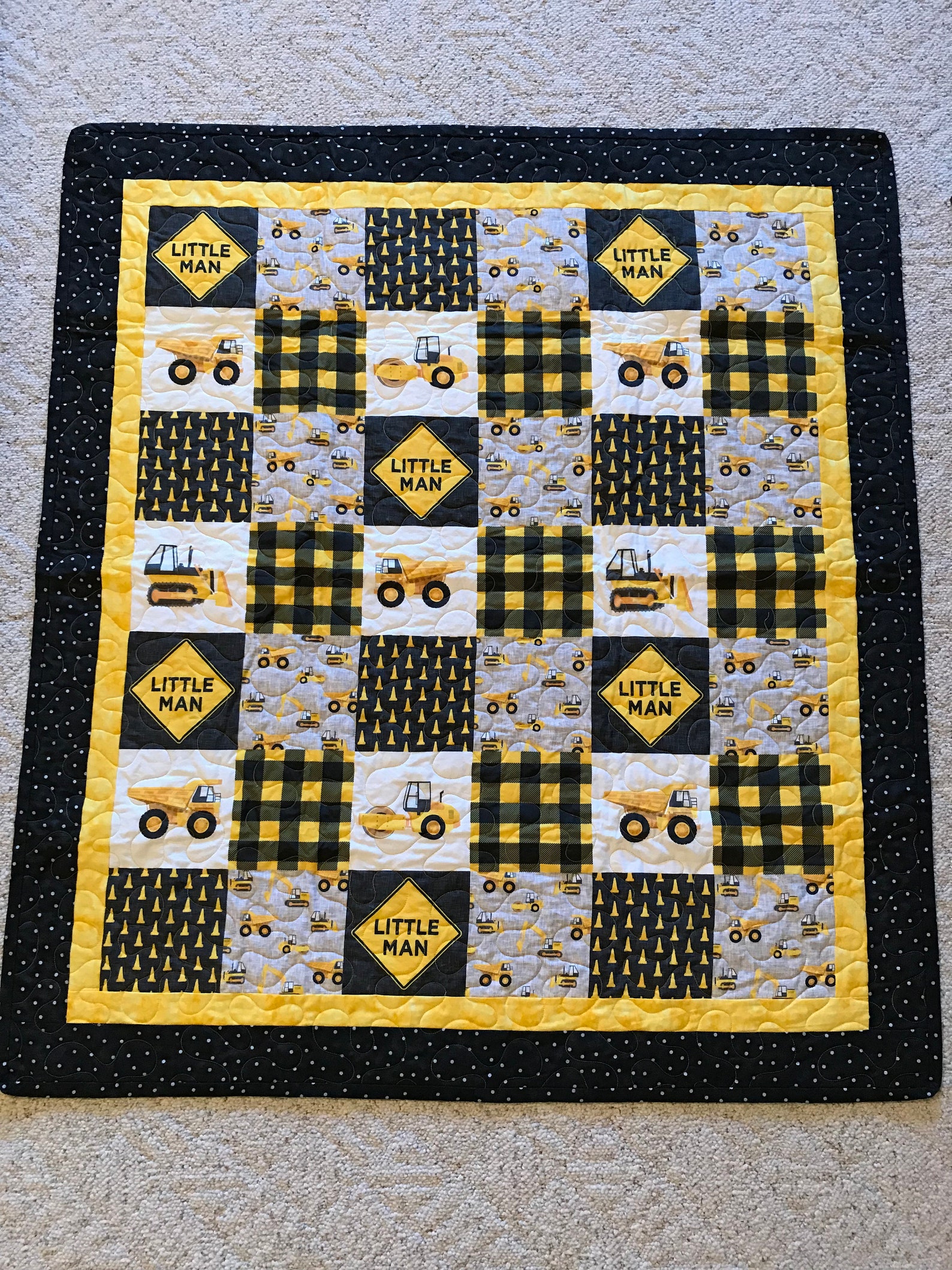Construction Truck Quilt, Baby Quilt Boy Quilt Newborn Toddler Yellow