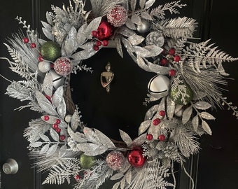 Silver and Red Glittery Christmas Wreath