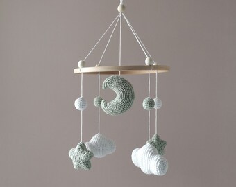 Groene "Sterrenhemel" Babymobiel, Handgemaakte gehaakte mobiel, babykamerdecoratie, geboortecadeau, Groene Mobiel, groene decoratie.