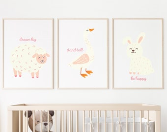 Nursery Wall Art Animals, Gender Neutral Nursery, Bear, Hedgehog, Bunny, Baby Room Decor, Kids Decor