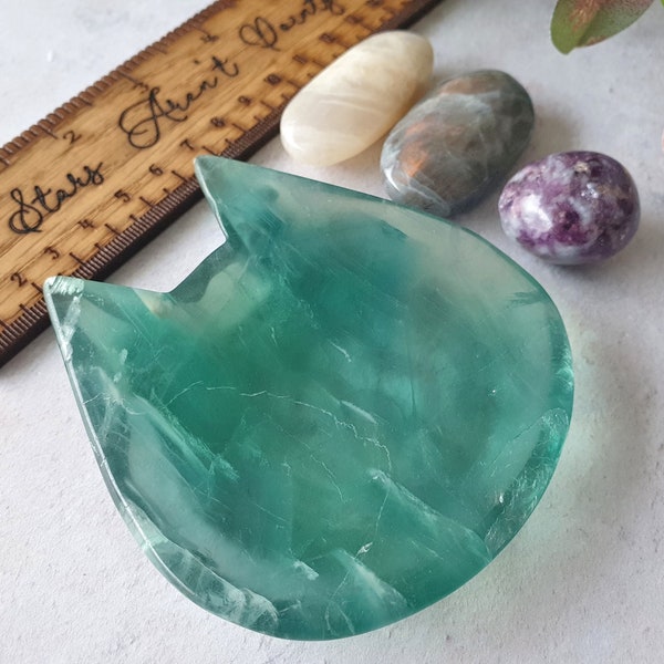 Coffret cadeau cristal flashy | Bol en fluorite Cat et pierres tombantes | Labradorite flashy, pierre de lune, mica violet |StarsArentPointy| 265 g