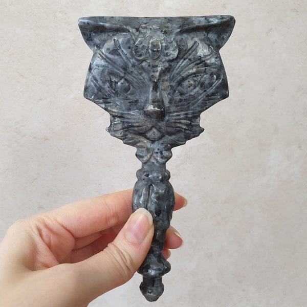 Flashy Larvikite Cat Hand Mirror | Cat Lover Gift & Crystal Mirror | Gothic Mirror | Witchy Gifts |StarsArentPointy| 186g