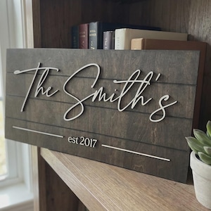 Może przedstawiać: Drewniany znak w kolorze ciemnobrązowym z napisem "The Smith's" w kursywie i "est 2017" mniejszą czcionką. Znak ma białe litery i jest eksponowany na drewnianej półce.