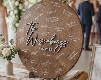 Gepersonaliseerde houten bord bruiloft gastenboek, rond gastenboek handtekeningbord