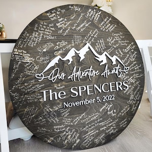 Guest Book Alternative - Mountain Silhouette Wood Sign - Our Adventure Awaits Guestbook - Layered Guest Book Sign - Custom Family Name Sign