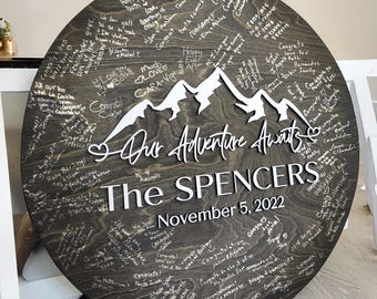 Guest Book Alternative - Mountain Silhouette Wood Sign - Our Adventure Awaits Guestbook - Layered Guest Book Sign - Custom Family Name Sign