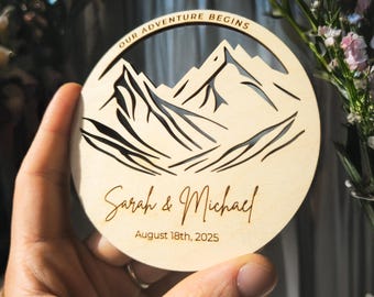 Adventure Wedding Coaster, Mountain Wedding Favor, Custom Wood Keepsake, Personalized Couple Gift, Rustic Place Setting Decor