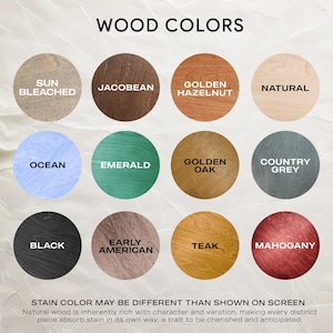 Wood stain color chart for personalized wooden wedding guest book alternative showing options like jacobean, golden hazelnut, natural, golden oak, mahogany, teak, early american, black and letter color choices black or white.