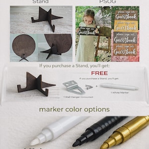 Wedding guest book stand and please sign our guestbook sign accessories with white marker and wall hanger for wooden guestbook display.