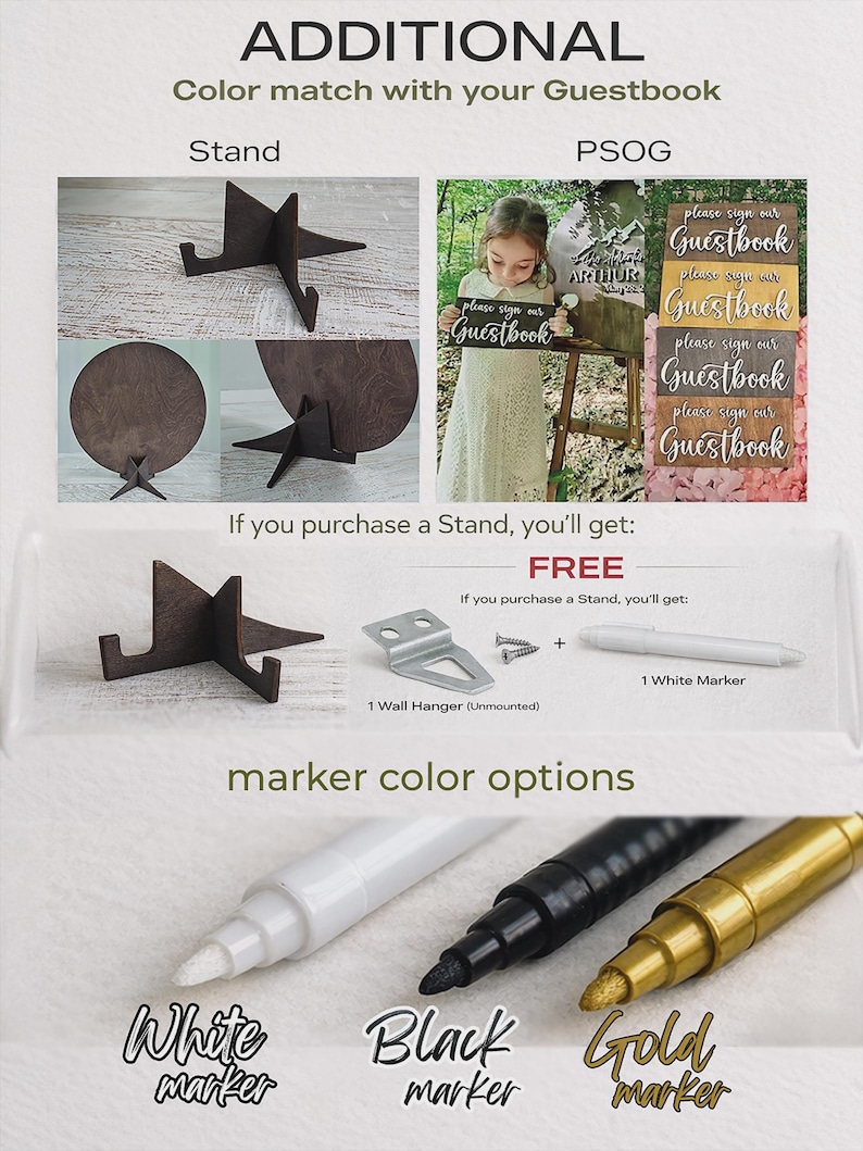 Wedding guest book stand and please sign our guestbook sign accessories with white marker and wall hanger for wooden guestbook display.