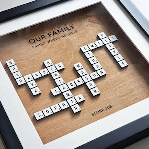 Personalised Scrabble Family Name Frame, Custom Wooden Tile Art, Grandparents Birthday Gift, Scrabble Wall Decor, Crossword Scrabble Frame