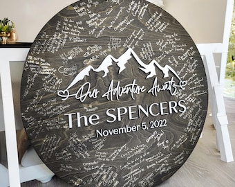 Custom Mountain Wedding Guest Book Sign , Personalized Adventure Guestbook Alternative, Layered Round Wood 3D Family Name Sign