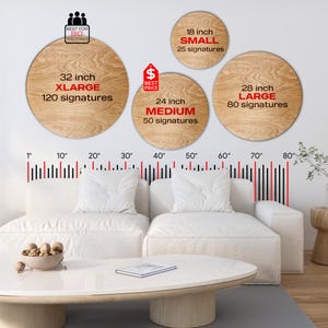 Size comparison chart showing four round wooden guestbook signs on a wall above a sofa. Circles are labeled with diameters and signature capacity: 18 inch small, 24 inch medium, 28 inch large, and 32 inch extra large. A measurement scale runs along the wall for visual size reference.