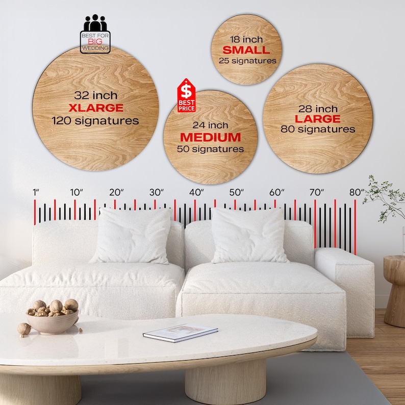 Size comparison chart showing four round wooden guestbook signs on a wall above a sofa. Circles are labeled with diameters and signature capacity: 18 inch small, 24 inch medium, 28 inch large, and 32 inch extra large. A measurement scale runs along the wall for visual size reference.