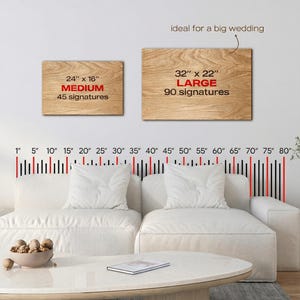 Wedding guest book alternative size comparison chart showing medium 24x16 inches for 45 signatures and large 32x22 inches for 90 signatures displayed above a sofa for scale.