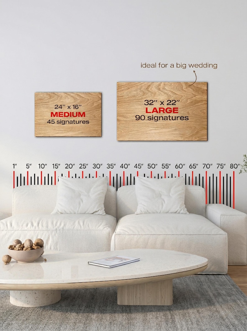 Wedding guest book alternative size comparison chart showing medium 24x16 inches for 45 signatures and large 32x22 inches for 90 signatures displayed above a sofa for scale.