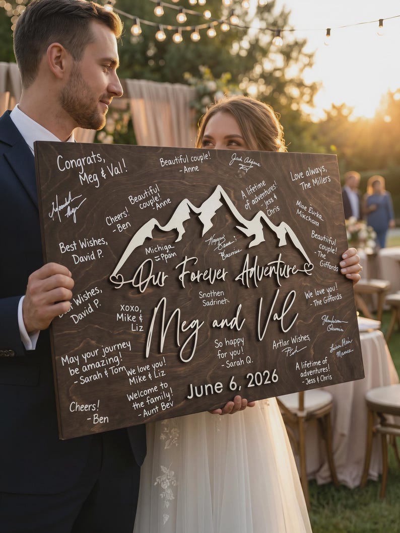 Bride and Groom holding a alternative wedding guest book sign.