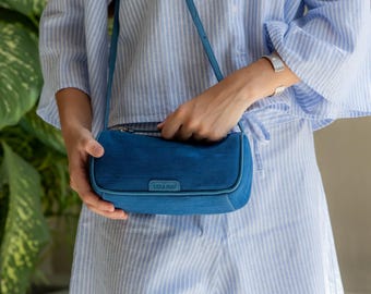 Gewebte Umhängetasche, Leder Boho Sling, Valentinstag Geschenk, Muttertagsgeschenk, Geschenk für sie, Party Outfit, Abendtasche, Blaue Umhängetasche