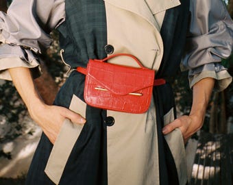 Rote Krokoprägung Leder Crossbody Bag, Geldbörse mit Top Griff, Valentinstag Geschenk, Muttertagsgeschenk, Geschenk für sie, Wrist bag, Rote Clutch, Schwarze Tasche