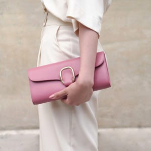 Pink Leather Clutch, Minimalist Gold Buckle Evening Purse, Elegant Wedding Guest Bag, Formal Party Handbag, Slim Rectangular woman Clutch