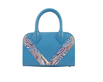 Lederhandtasche, Bestickter Boho Chic Top Griff Tote, Valentinstag Geschenk, Muttertagsgeschenk, Geschenk für sie, Blaue Tasche, Party Outfit
