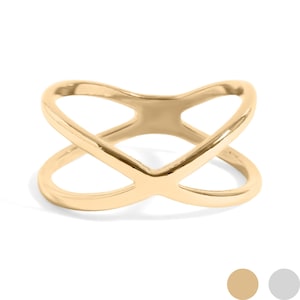 Könnte beinhalten: Ein goldfarbener Ring mit überlappendem X-Design. Der Ring hat eine glatte, polierte Oberfläche und einen minimalistischen Stil. Der Ring ist ein Schmuckstück.