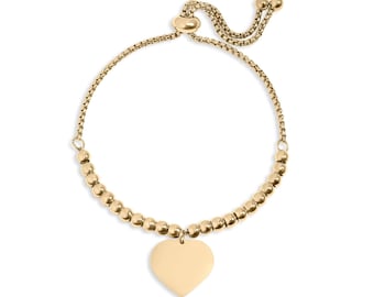 Pulsera ajustable de cuentas de corazón – Acero inoxidable con recubrimiento PVD de oro de 18 quilates / Resistente al agua e hipoalergénica / Pulsera de oro para uso diario