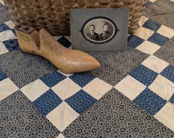 Antique Indigo, White, Black, Gray, 9 Patch, Quilt TOP, Handmade