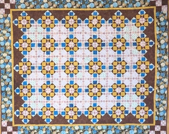 Double Delight Quilt, Blue, Gold, Pinks