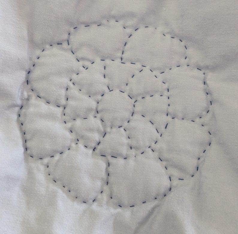 May include: Close-up of a white fabric with a stitched floral design. The design is made of connected, rounded shapes outlined with dark blue thread. The stitching creates a textured, quilted effect.