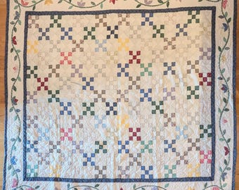 Irish Chain Quilt, Floral Border, Large, 100 " by 84", Bright