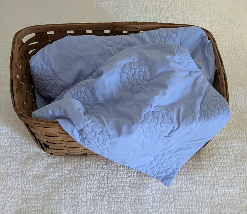 May include: A light blue quilt with floral embroidery rests inside a brown woven basket. The quilt has a soft, textured appearance and is folded neatly. The basket is rectangular and has a rustic, natural look.