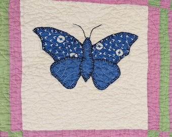 Butterfly Quilt, Hand Embroidered, Vintage, 79" L by 64" W.