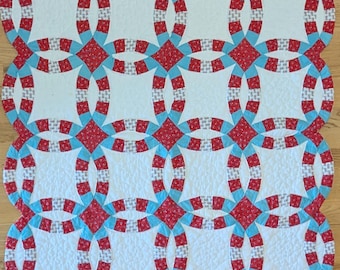 Wedding Ring Quilt, Small, Turquoise and Red, 1970's