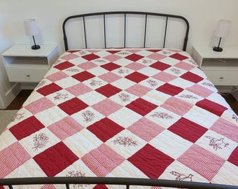 Red and White Embroidered Patchwork Quilt, Large, 100" by 90", Hand Quilted