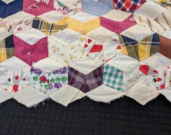 Tumbling Blocks Scrap Quilt TOP, Novelty Prints,  circa 1930