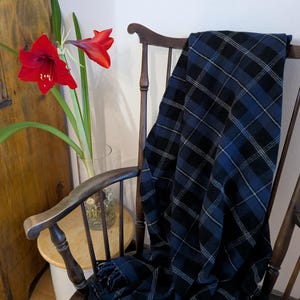 May include: A dark wooden rocking chair draped with a blue and black plaid blanket. A vibrant red amaryllis flower in a clear vase sits nearby. The blanket has a fringed edge and is folded over the chair.