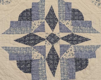 Blue and White Quilt , American Pacific, Carpenter's Star Variation, Queen