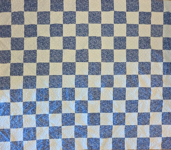 Blue and White Patchwork, Handmade, Reversible Quilt