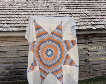 Vintage Lone Star Quilt in Orange and Blue, Hand-Made, Queen