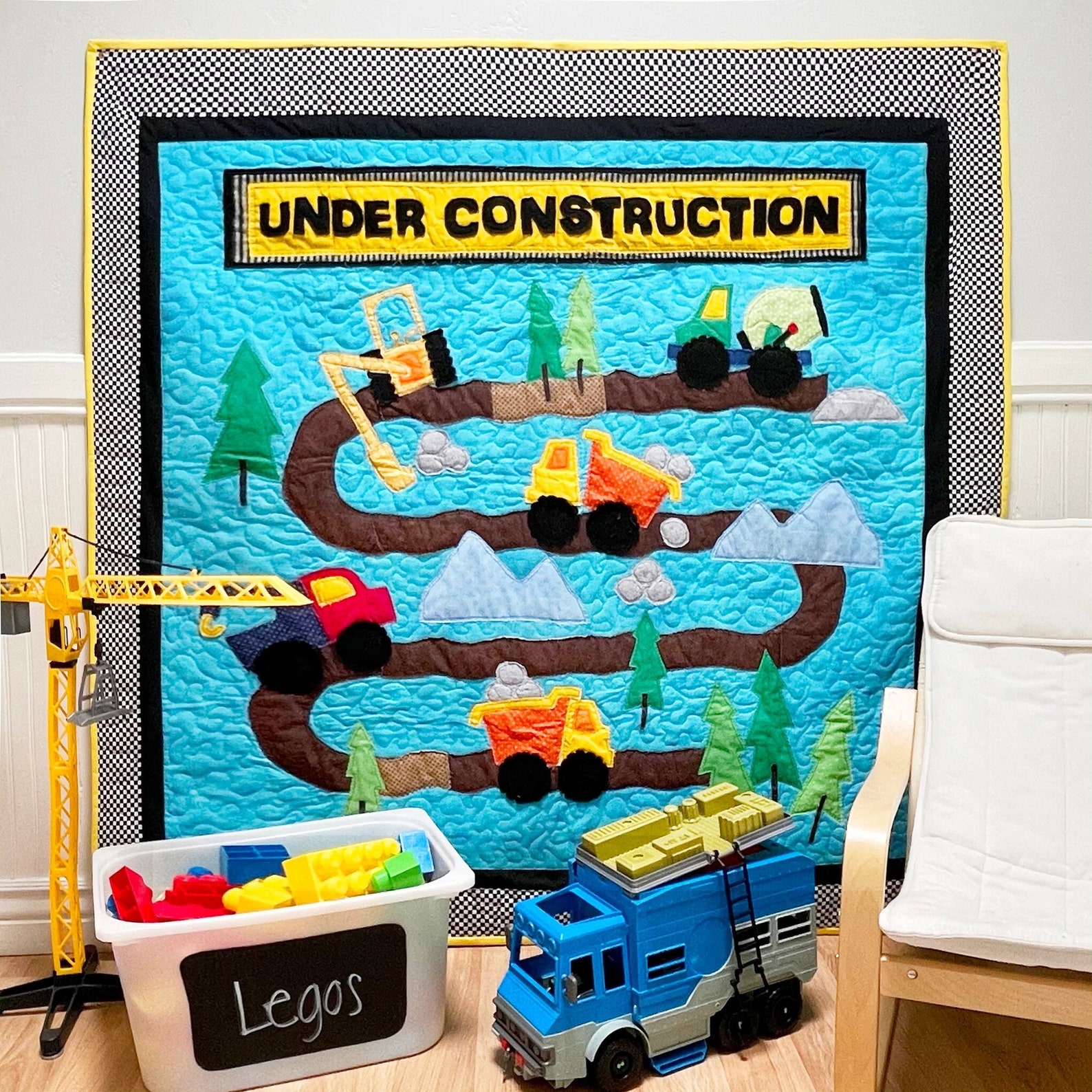Trucks and Tractors Kid's Quilt Pattern under Construction trucks and