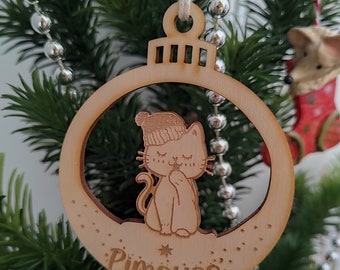 Décoration pour de Noël personnalisée chat, boule de Noël en bois et acrylique personnalisable, Boule de Noël Chat