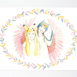 Aangepaste kleinkinderen portret – individuele hand getekende illustratie - broers en zussen portret - Pokemon Pikatchu kostuum