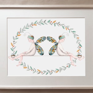 Stampa artistica - Farfalle sull'acqua - Decorazione per la cameretta dei bambini - Illustrazione in stile retrò - Decorazione murale con animali - Ghirlanda di fiori dai colori tenui