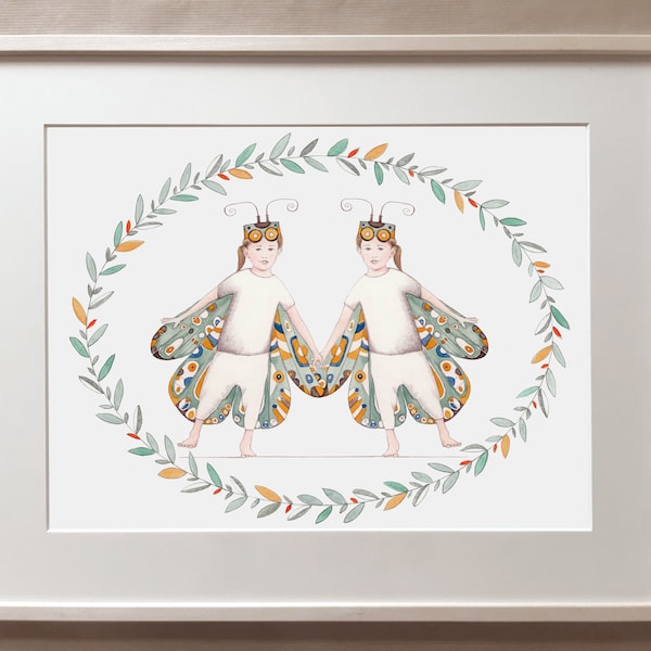 Fine Art Print – Butterfly Tweens - Home Decoration - Retro Style Illustration - Vintage Animal Wall Art - Soft Colours Flower Wreath