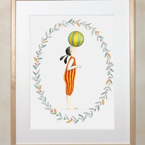 Impressão artística - Cão acrobata de circo - Fantasia de animal espirituosa - Tiras coloridas - Decoração de quarto infantil - Arte para pendurar na parede // 20x30 30x40