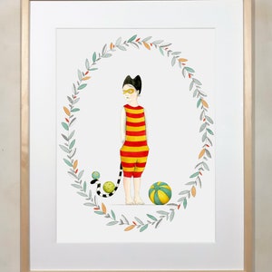 Stampa artistica - Gatto da circo - Bambino vestito a festa - Costume da gatto spiritoso - Decorazione da parete per la cameretta dei bambini - Una delle due illustrazioni del circo // 30x40