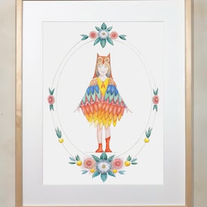Ritratto da foto - Regalo di iscrizione alla scuola - Disegnato a mano - Ordine su misura - Speciale per una ragazza - Costume da uccello colorato - Ghirlanda di fiori