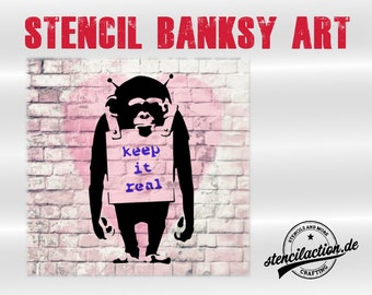 Schablone - Banksy Monkey "Keep it real" - DIN A4 / A3 - Stencil Airbrush DIY Streetart Malerei Basteln Acrylfarbe